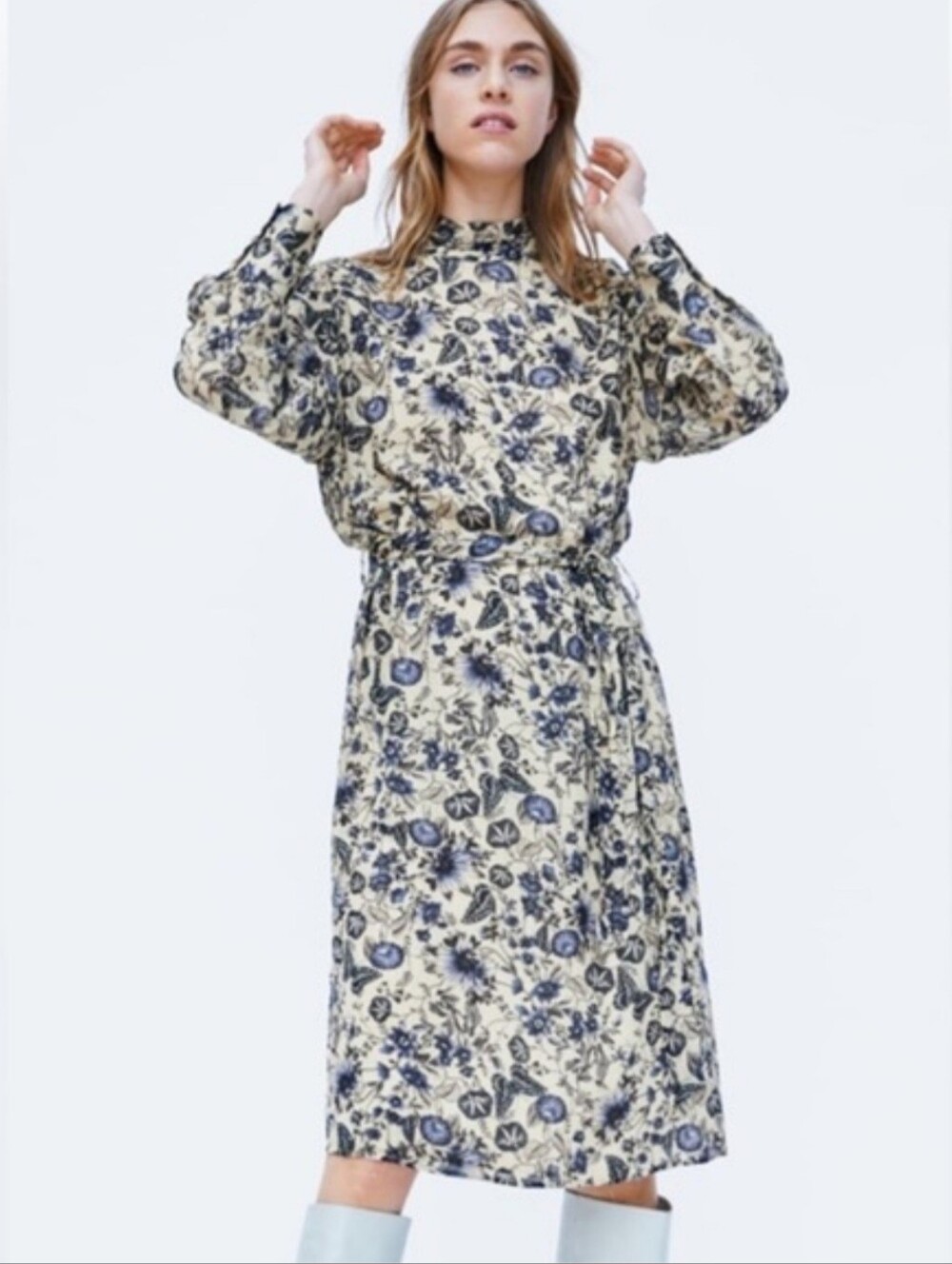 Zara Bohemian Floral Mockneck Belted Side Slits Midi Dress